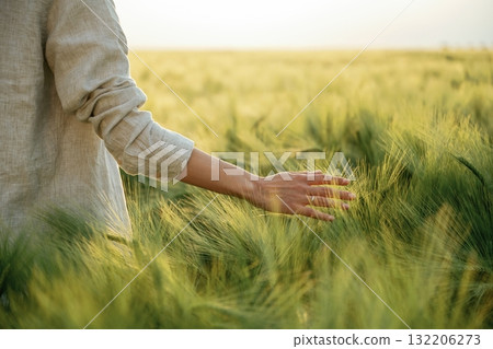 Touching the plants. Woman in white is on the agricultural wheat field Touching the plants. Woman in white is on the agricultural wheat field 132206273