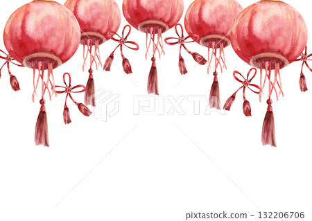 Red paper lanterns with Chinese traditional lucky knots watercolor banner template. Hand drawn Spring festival and lunar New Year clipart for poster, card, invitation design 132206706