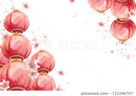 Chinese traditional festive banner template with red paper lantern watercolor illustration decorated with pink sakura flowers. Hand drawn Asian style frame with outdoor decoration for festive poster Chinese traditional festive banner template with red paper lantern watercolor illustration decorated with pink sakura flowers. Hand drawn Asian style frame with outdoor decoration for festive poster 132206707