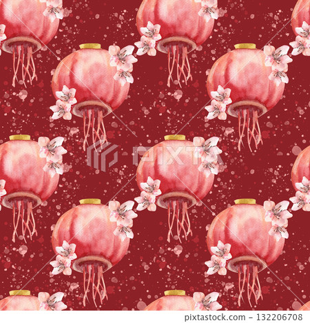 Red festive paper lantern with pink sakura blossom watercolor seamless pattern on red. Chinese Spring festival and lunar New Year background with outdoor light and floral elements for textile 132206708