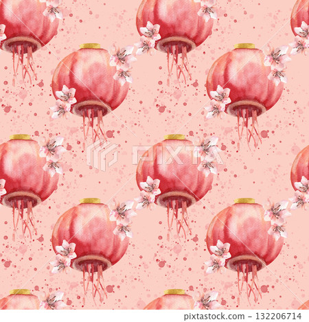 Red festive paper lantern with pink sakura blossom watercolor seamless pattern. Chinese and Asian Spring festival and lunar New Year background with outdoor light and floral elements for textile 132206714