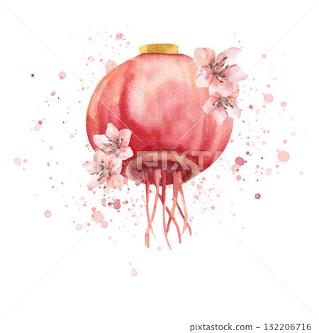 Chinese red paper lantern with pink sakura blossom watercolor illustration. Hand drawn Asian style outdoor decoration, Spring festival floral decor for card, invitation, packing design 132206716