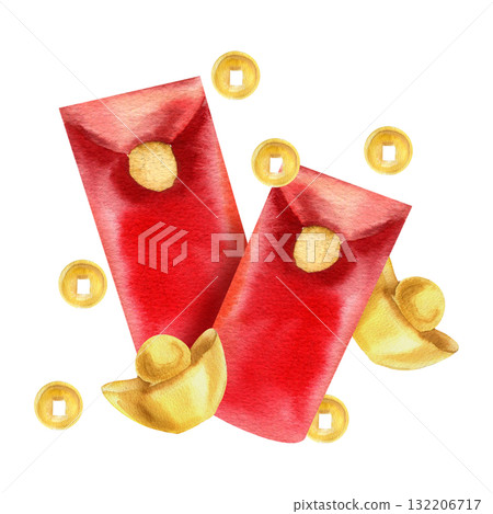 Chinese traditional red envelope, golden coins and ingot watercolor illustration. Hand drawn Asian traditional symbol of wealth, money gift wrapped in red paper for festive poster, web design 132206717