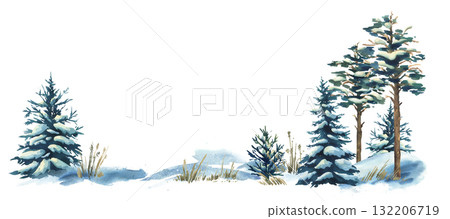 Minimal winter template featuring snow-covered pine trees, frosty grasses and open horizon, elegant airy rustic cozy composition ideal for holiday branding hand-painted watercolor illustration. 132206719