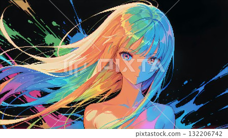 Pixel art of an abstract illustration of a woman with long hair in a colorful color scheme against a black background 132206742