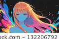 像素藝術,抽象插圖,描繪了一位長髮女子,在黑色背景下採用彩色配色方案 像素藝術,抽象插圖,描繪了一位長髮女子,在黑色背景下採用彩色配色方案 132206792
