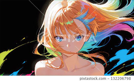 像素藝術,抽象插圖,描繪了一位長髮女子,在黑色背景下採用彩色配色方案 像素藝術,抽象插圖,描繪了一位長髮女子,在黑色背景下採用彩色配色方案 132206798