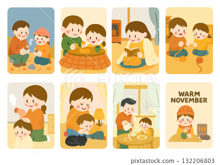 A collection of illustrations of everyday life with family from autumn to winter, 132206803