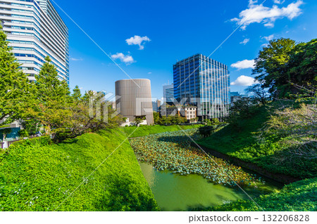 Tokyo: Kudan Kaikan and buildings seen across the moat 132206828