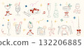 Christmas cocktail collection with festive drinks, champagne glasses, and holiday decorations. Cozy bar scene with doodle style illustrations of cocktails, wine, and celebration. Vector illustration. 132206885