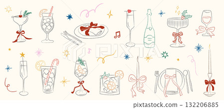 Christmas cocktail collection with festive drinks, champagne glasses, and holiday decorations. Cozy bar scene with doodle style illustrations of cocktails, wine, and celebration. Vector illustration. Christmas cocktail collection with festive drinks, champagne glasses, and holiday decorations. Cozy bar scene with doodle style illustrations of cocktails, wine, and celebration. Vector illustration. 132206885
