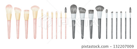 水彩風格粉紅色和黑色化妝刷插畫套裝 水彩風格粉紅色和黑色化妝刷插畫套裝 132207009