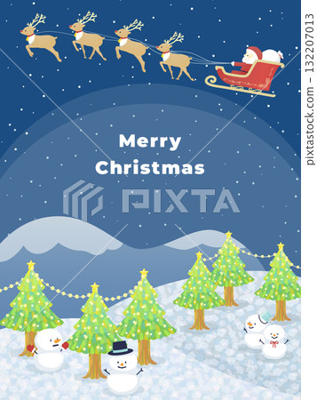 背景是聖誕老人在雪地裡飛翔，閃閃發光的雪路上排列著被照亮的樹木和雪人（垂直） 132207013