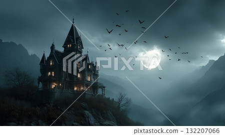 Dracula's castle in the dark night - A terrifying scene created by moonlight and bats 132207066