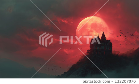 夜晚,紅月照亮的德古拉城堡-一個幽靈般的奇幻恐怖景觀 夜晚,紅月照亮的德古拉城堡-一個幽靈般的奇幻恐怖景觀 132207070