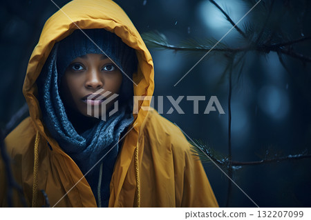 African American woman in forest at snowy winter evening, neural network generated photorealistic image 132207099