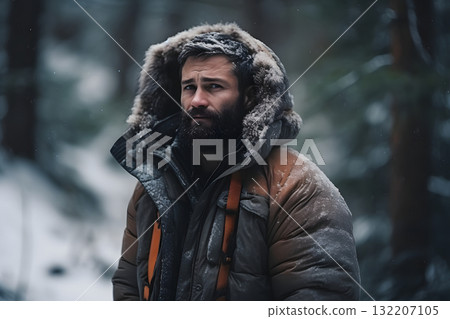 Young adult Caucasian man in winter forest at snowy day, neural network generated photorealistic image Young adult Caucasian man in winter forest at snowy day, neural network generated photorealistic image 132207105