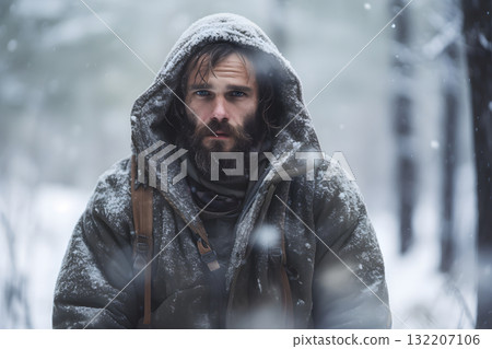 Young adult Caucasian man in winter forest at snowy day, neural network generated photorealistic image 132207106