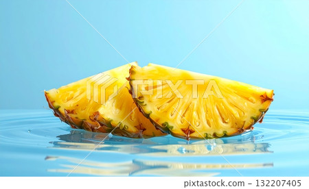 Fresh Pineapples Floating on Clear Water with Blue Backdrop Fresh Pineapples Floating on Clear Water with Blue Backdrop 132207405
