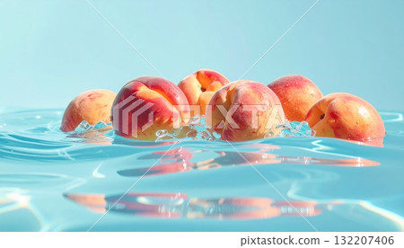 Fresh Peaches Floating on Clear Water with Blue Backdrop Fresh Peaches Floating on Clear Water with Blue Backdrop 132207406