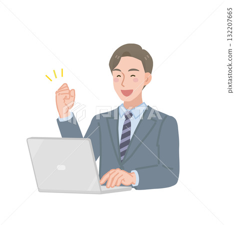 A businessman using a computer making a fist pump 132207665