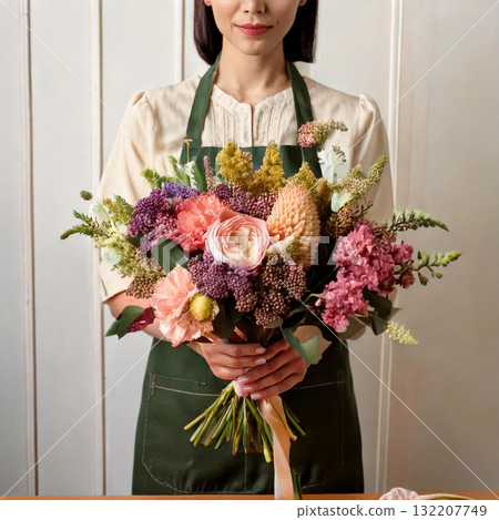 A florist woman holding a bouquet in chic warm colors A florist woman holding a bouquet in chic warm colors 132207749