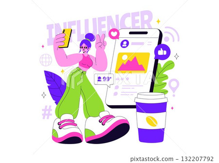 Influencers Lifestyle Vector Illustration Featuring a Photo on Social Media with a Smartphone for Followers to Promote Products and Brand Endorsements 132207792
