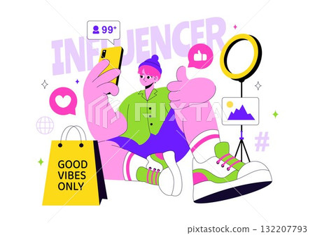 Influencers Lifestyle Vector Illustration Featuring a Photo on Social Media with a Smartphone for Followers to Promote Products and Brand Endorsements 132207793
