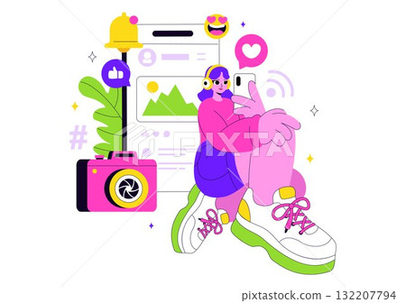Influencers Lifestyle Vector Illustration Featuring a Photo on Social Media with a Smartphone for Followers to Promote Products and Brand Endorsements 132207794