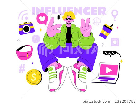 Influencers Lifestyle Vector Illustration Featuring a Photo on Social Media with a Smartphone for Followers to Promote Products and Brand Endorsements 132207795