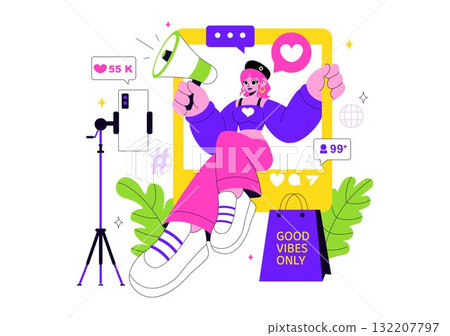 Influencers Lifestyle Vector Illustration Featuring a Photo on Social Media with a Smartphone for Followers to Promote Products and Brand Endorsements 132207797