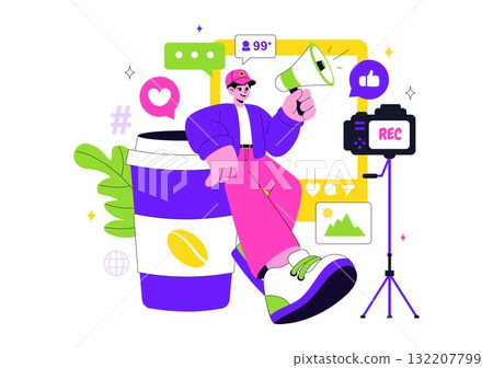 Influencers Lifestyle Vector Illustration Featuring a Photo on Social Media with a Smartphone for Followers to Promote Products and Brand Endorsements 132207799
