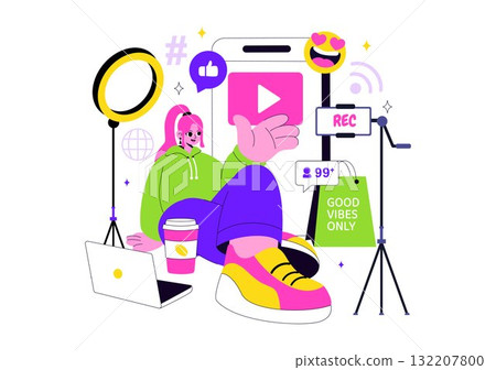 Influencers Lifestyle Vector Illustration Featuring a Photo on Social Media with a Smartphone for Followers to Promote Products and Brand Endorsements 132207800
