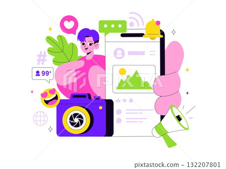 Influencers Lifestyle Vector Illustration Featuring a Photo on Social Media with a Smartphone for Followers to Promote Products and Brand Endorsements 132207801