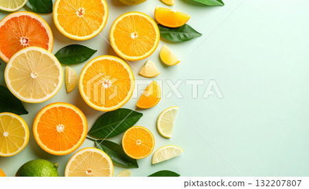 A realistic flat lay of various citrus fruits (orange, grapefruit, lime) and palm leaves on a green background with copy space. 132207807
