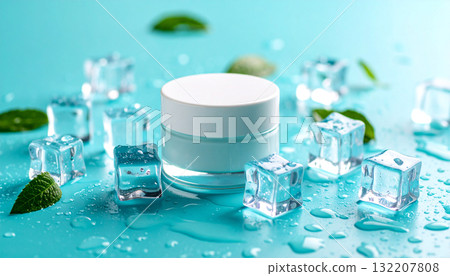 A realistic skincare cream jar mockup with ice cubes and mint leaves on a refreshing blue background. 132207808