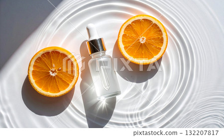 A cosmetic dropper bottle (serum) and an orange slice on a white background with water ripple shadows. 132207817