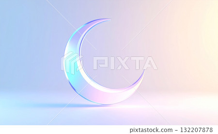 A 3D render of a transparent crescent moon with a holographic, iridescent texture on a pastel background. 132207878