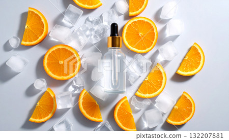 A flat lay of two cosmetic serum bottles with orange slices and ice cubes on a white background with copy space. 132207881