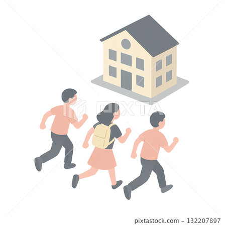 孩子們跑去上學的等距插圖（學校場景） 132207897