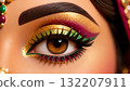 Macro shot of a woman eye adorned with bold golden, pink, and green eyeshadow and glitter makeup, representing festive Indian beauty style. 132207911