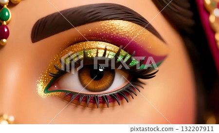 Macro shot of a woman eye adorned with bold golden, pink, and green eyeshadow and glitter makeup, representing festive Indian beauty style. 132207911