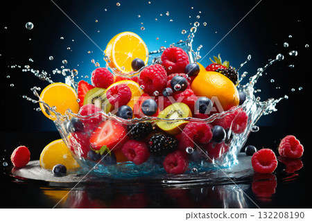 fruits mix in water splashes, on dark background, fresh and healthy food 132208190