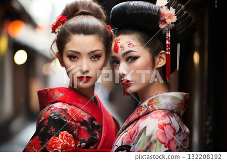 two geisha women wearing traditional japanese costumes posing in Kyoto city streets 132208192