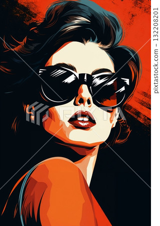 Portrait of a beautiful fashionable woman with a hairstyle and sunglasses, orange and black color background. Illustration, poster in style of the 1960s Portrait of a beautiful fashionable woman with a hairstyle and sunglasses, orange and black color background. Illustration, poster in style of the 1960s 132208201