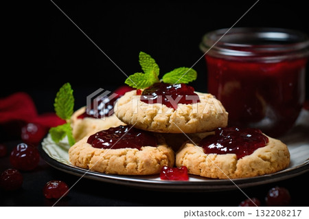 still life of cookies with jam on a wooden table, dark background, delicious pastries 132208217