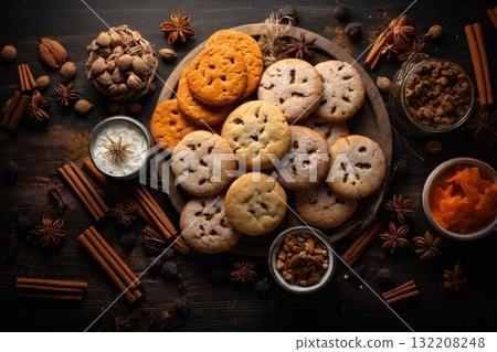 still life of cookies with chocolate on a wooden table, dark background, delicious pastries 132208248