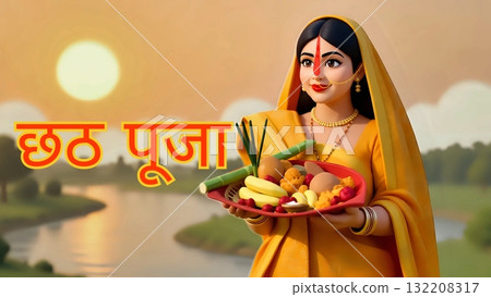 Indian woman in traditional yellow attire holding a pooja thali with fruits, sugarcane, and diya, standing beside the river during sacred Chhath Puja on screen hindi text ceremony. 132208317