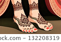 Close-up of female feet beautifully adorned with intricate mehndi designs and red nail polish, representing Indian culture and festive celebration. 132208319