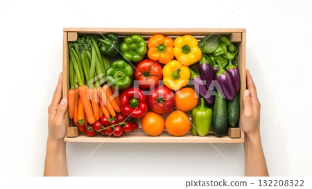 Fresh vegetables arranged in a wooden box for a healthy meal preparation Fresh vegetables arranged in a wooden box for a healthy meal preparation 132208322